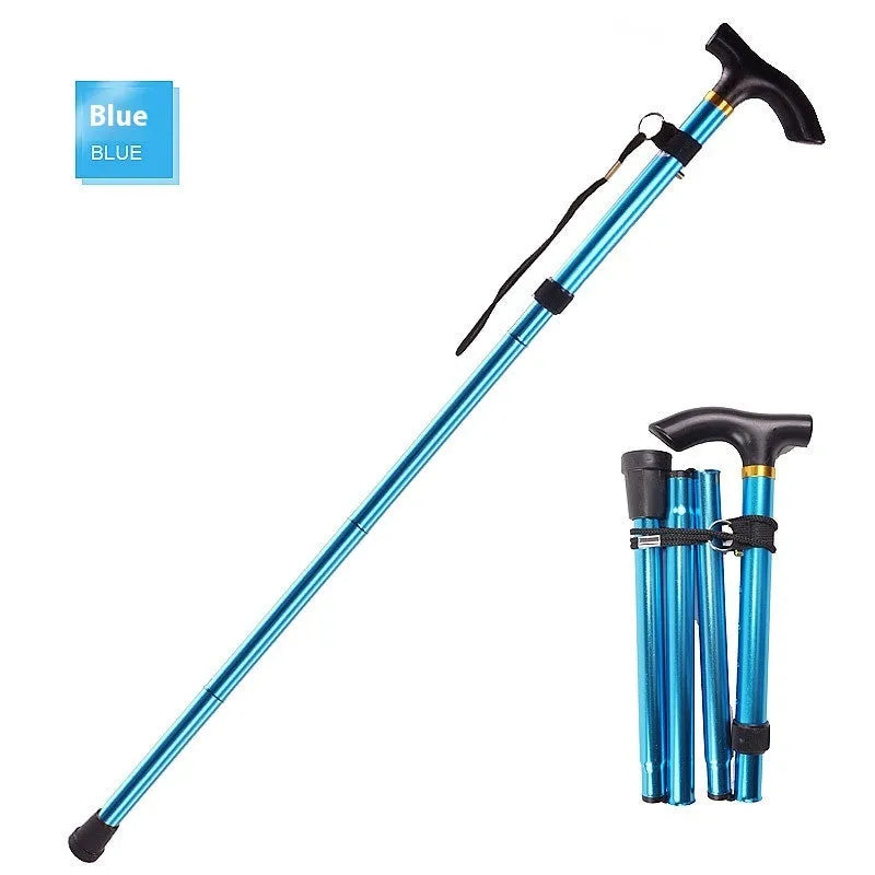 Aluminium folding walking stick with adjustable telescopic shaft and non-slip handle, shown in a selection of colours.