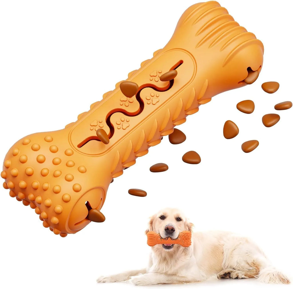 Natural rubber bone-shaped dog chew toy in blue, green, or orange for aggressive chewers and teeth cleaning