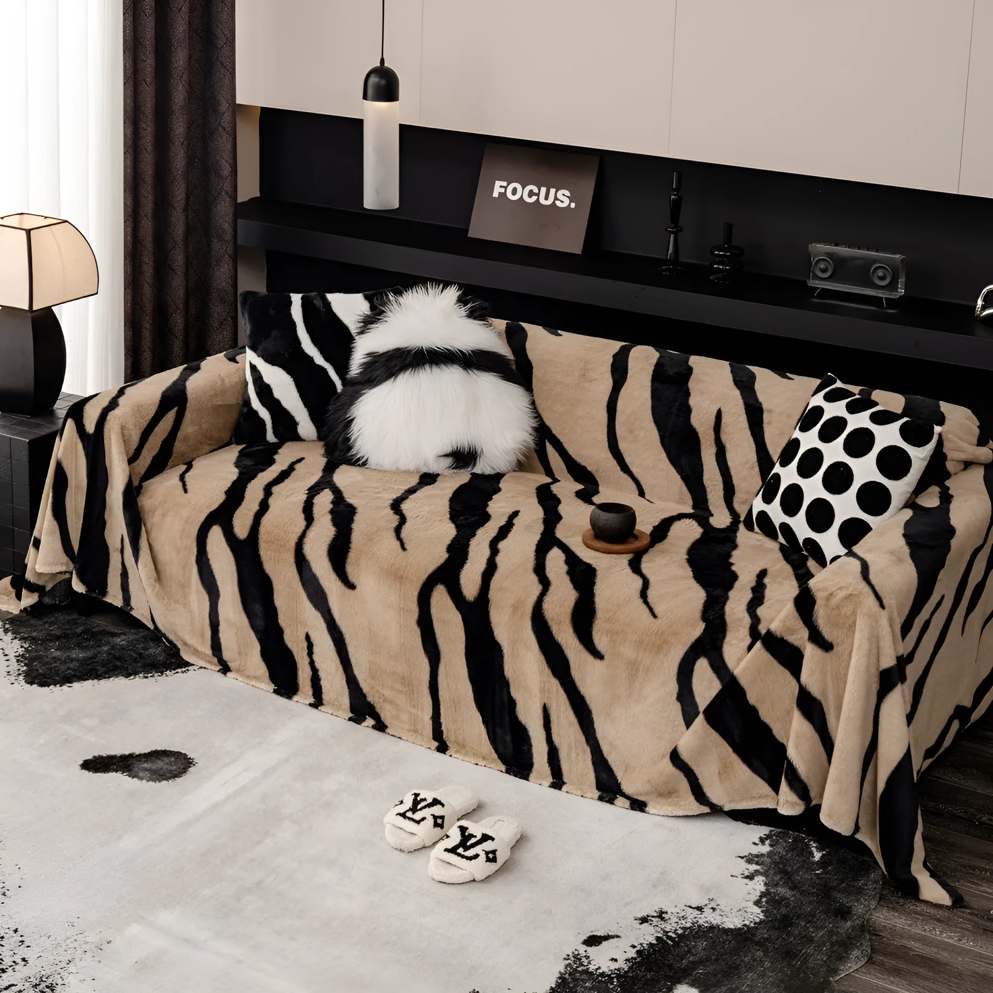 Zebra pattern flannel sofa cover with non-slip backing in caramel colour