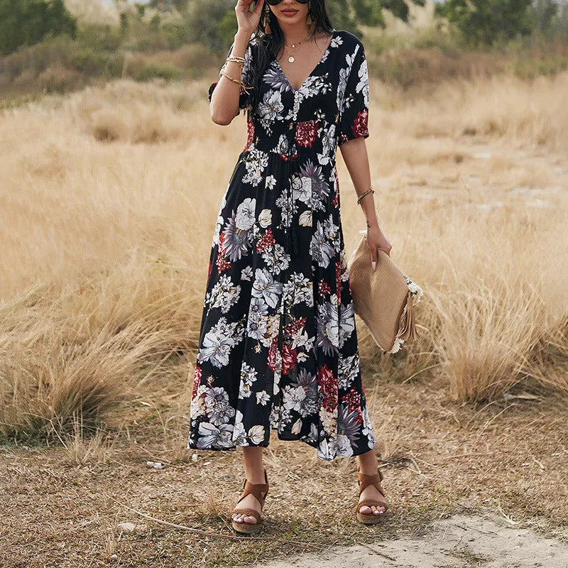 Women's floral print V-neck beach dress with elastic waist and short sleeves