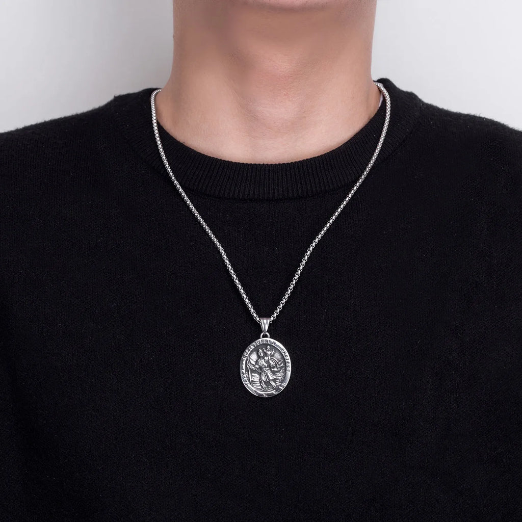 St Christopher titanium steel pendant necklace with 60cm chain, steel colour, geometric Angel motif