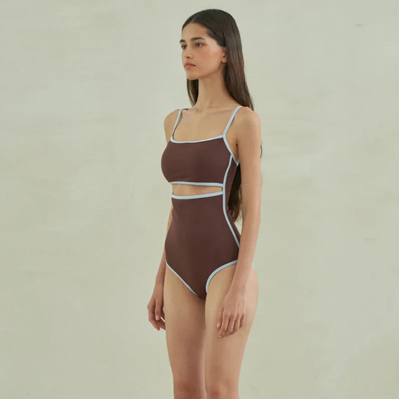 Brown women's one-piece triangle swimsuit made from nylon fabric
