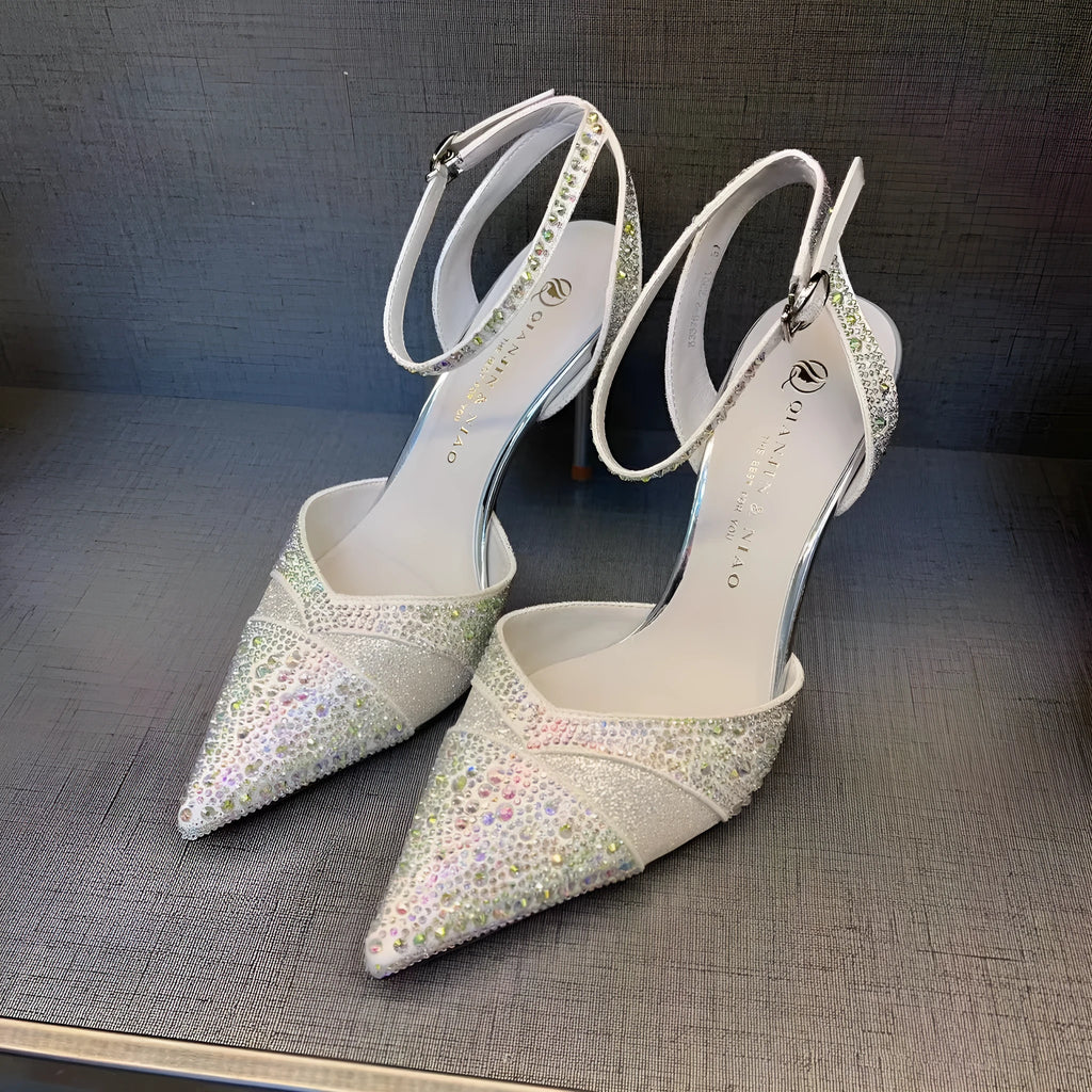 Women's hollow high heels with red sole, pointed toe stiletto design in black and silver colour options