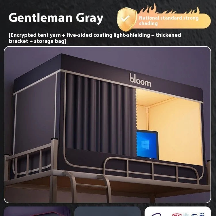 Gentleman grey bed curtain with integrated mosquito net for upper bunk bed with strong light blocking