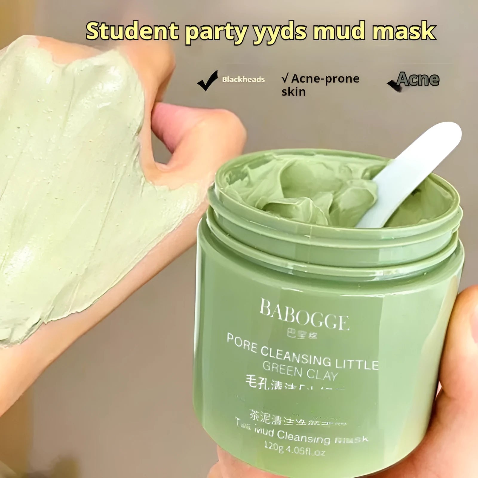 Tea mud cleansing clay facial mask in 120g jar with daub applicator