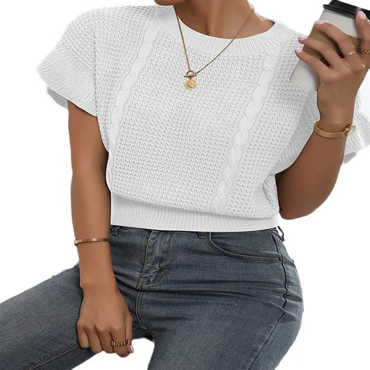 Women's knitted pullover sweater with ruffle short sleeves and twisted string detailing