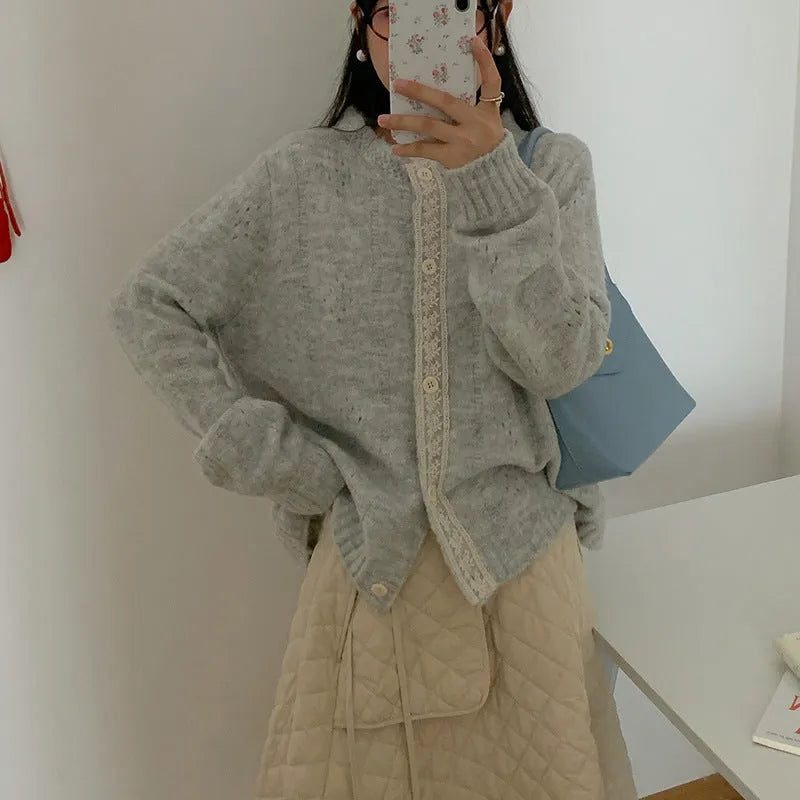 Korean art retro loose-fitting sweater coat in apricot, shown as a cardigan-style viscose knit.