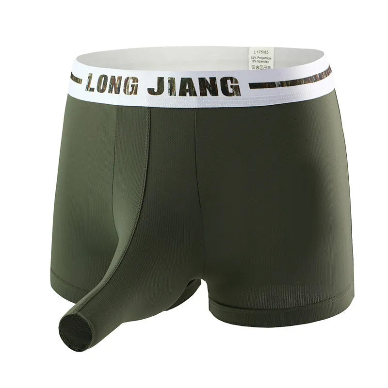 Men's ice silk trunk open boxer shorts in multiple colours on a white background.