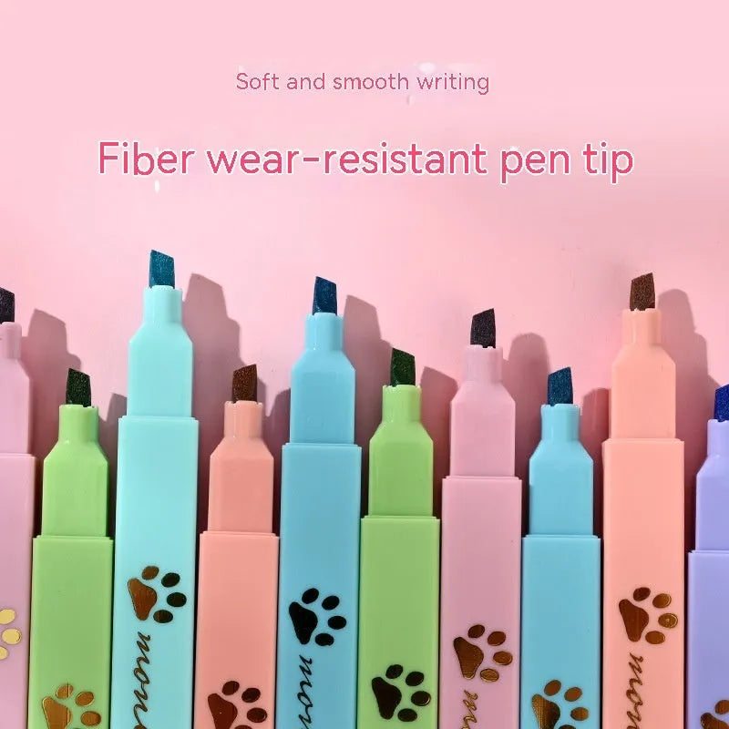 Box of six Cat's Paw fluorescent marking pens with oblique head tips in assorted colours.