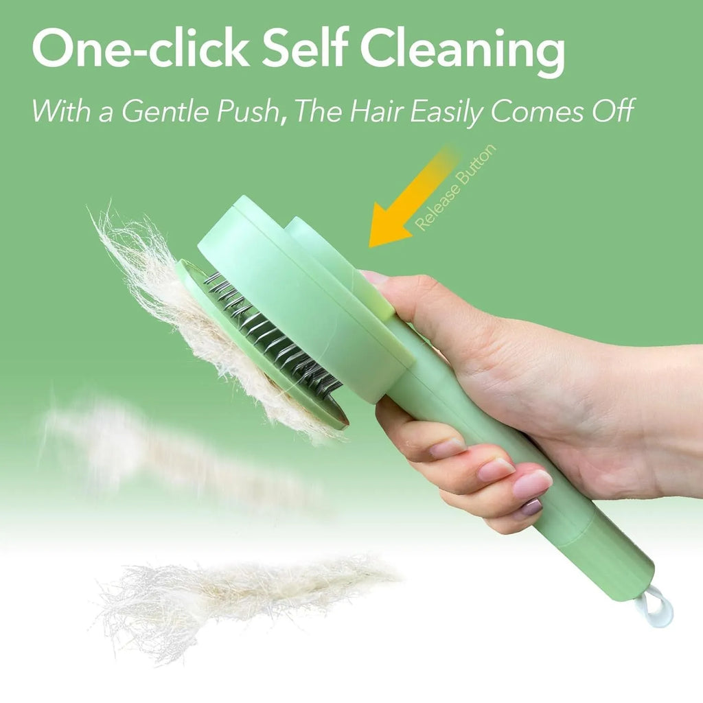 Green 2-in-1 pet grooming brush with stainless steel teeth and hanging loop for cats and dogs