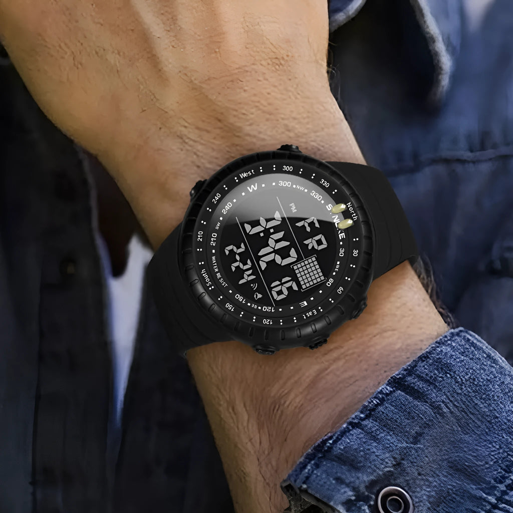 Black men's waterproof electronic watch with large dial and adjustable PU strap showing water resistance to 50 metres