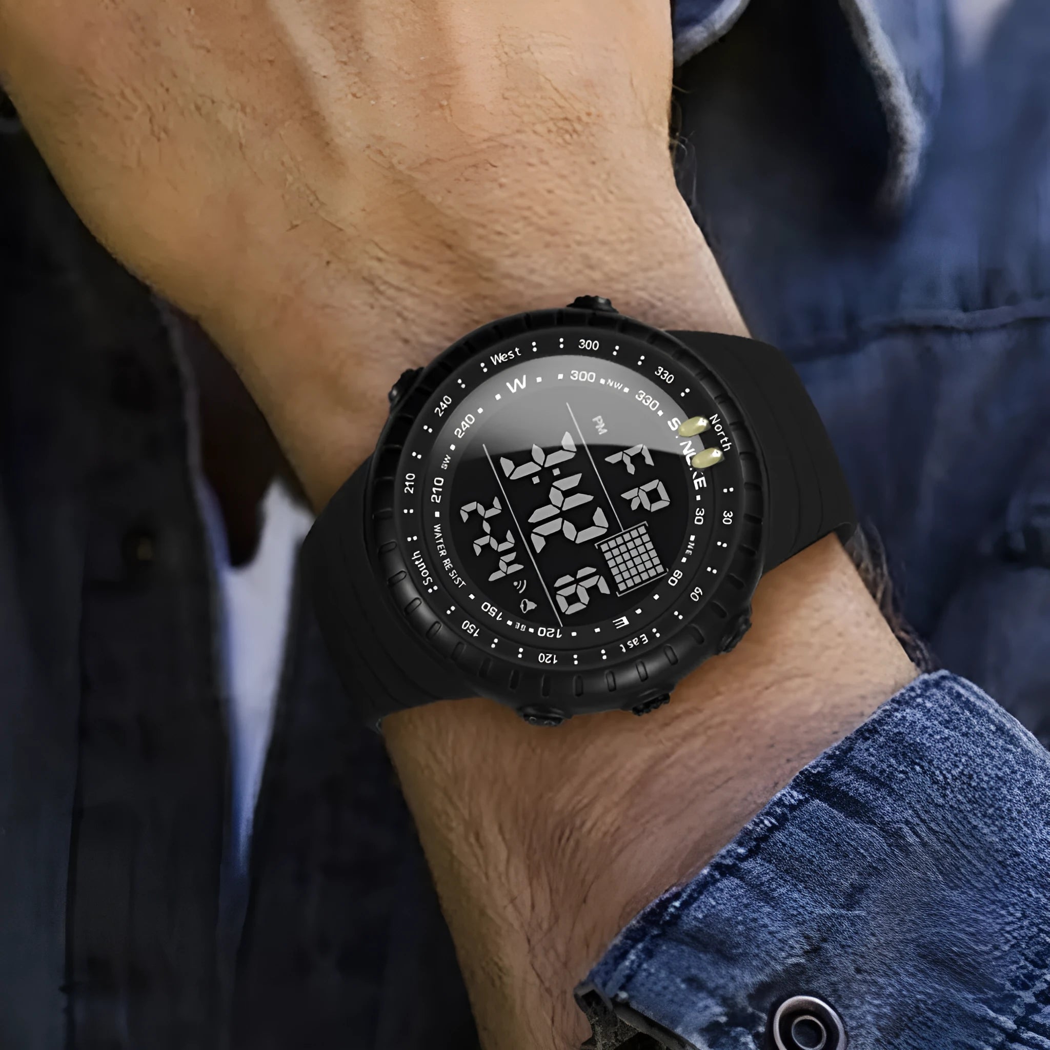 Black men's waterproof electronic watch with large dial and adjustable PU strap showing water resistance to 50 metres