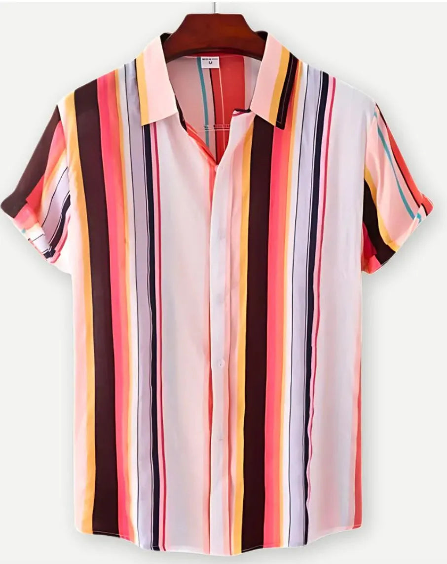 Hawaiian floral print short sleeve shirt with lapel collar in four-sided elastic polyester fabric
