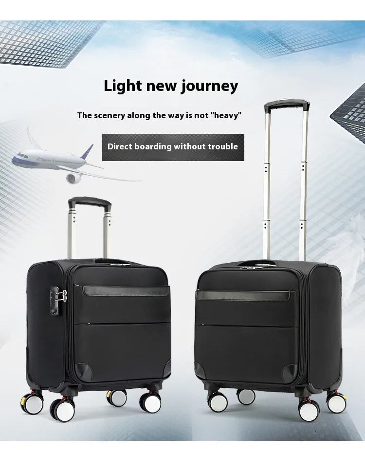 Black 18-inch Oxford cloth business suitcase with telescopic handle and universal wheels.