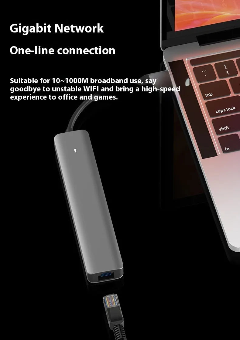 LQT-LH07 seven-in-one USB C hub and card reader adapter for laptops on a desk.