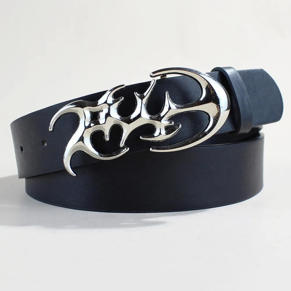 Silver-buckle PU leather casual belt showing snap button fastening on a 105cm long, 3.3cm wide strap.