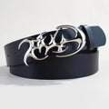Silver-buckle PU leather casual belt showing snap button fastening on a 105cm long, 3.3cm wide strap.