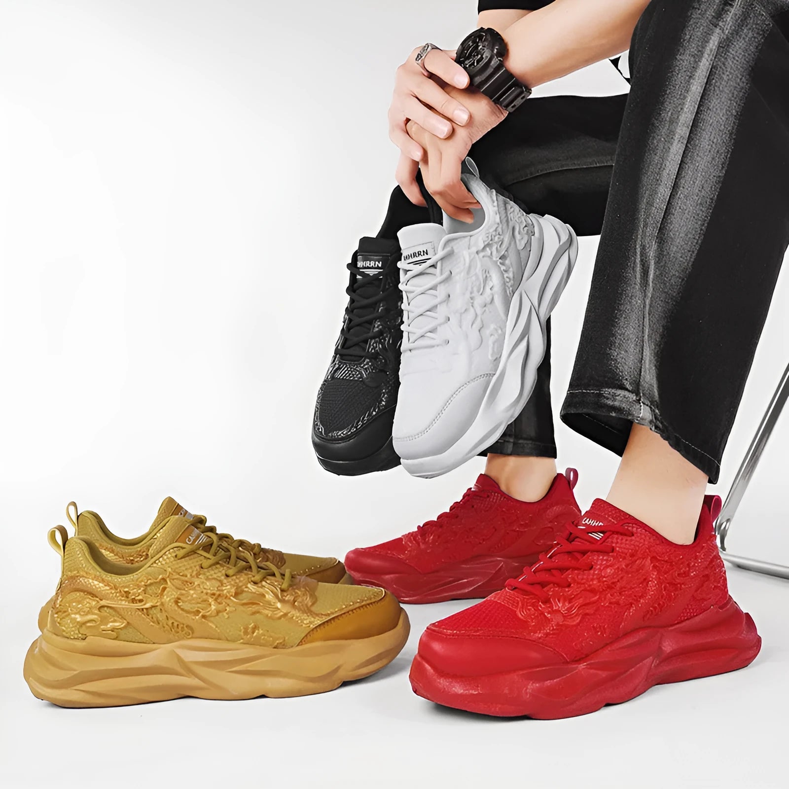 Loong breathable casual fly knit sneakers with rubber soles in Chinese dragon design colour