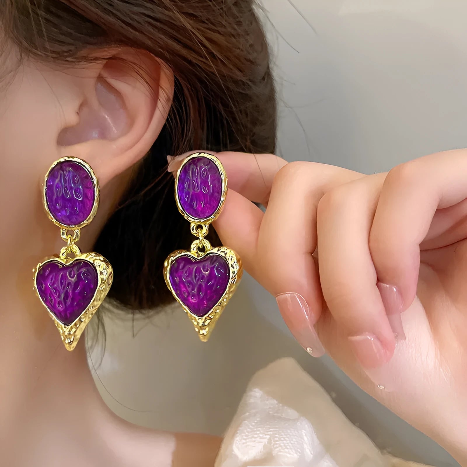 Silver needle pleated oval love heart stud earrings in purple, red, green, and yellow/white alloy colours.