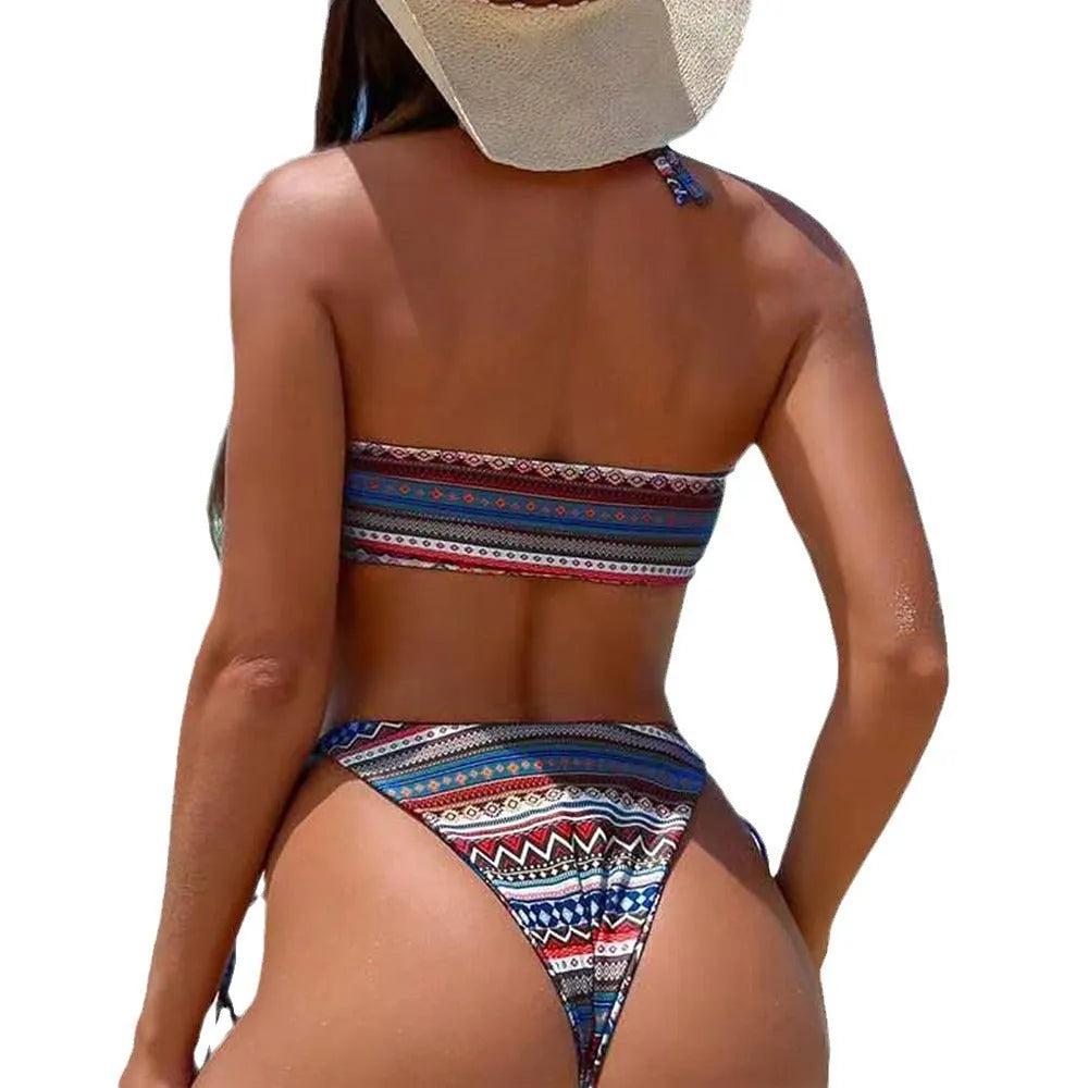 Women's halter split bikini swimsuit in polyester with high-cut briefs, shown in blue colour option