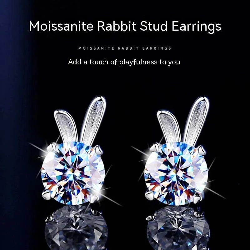 Rabbit moissanite sterling silver ear studs 925 silver 1 karat option