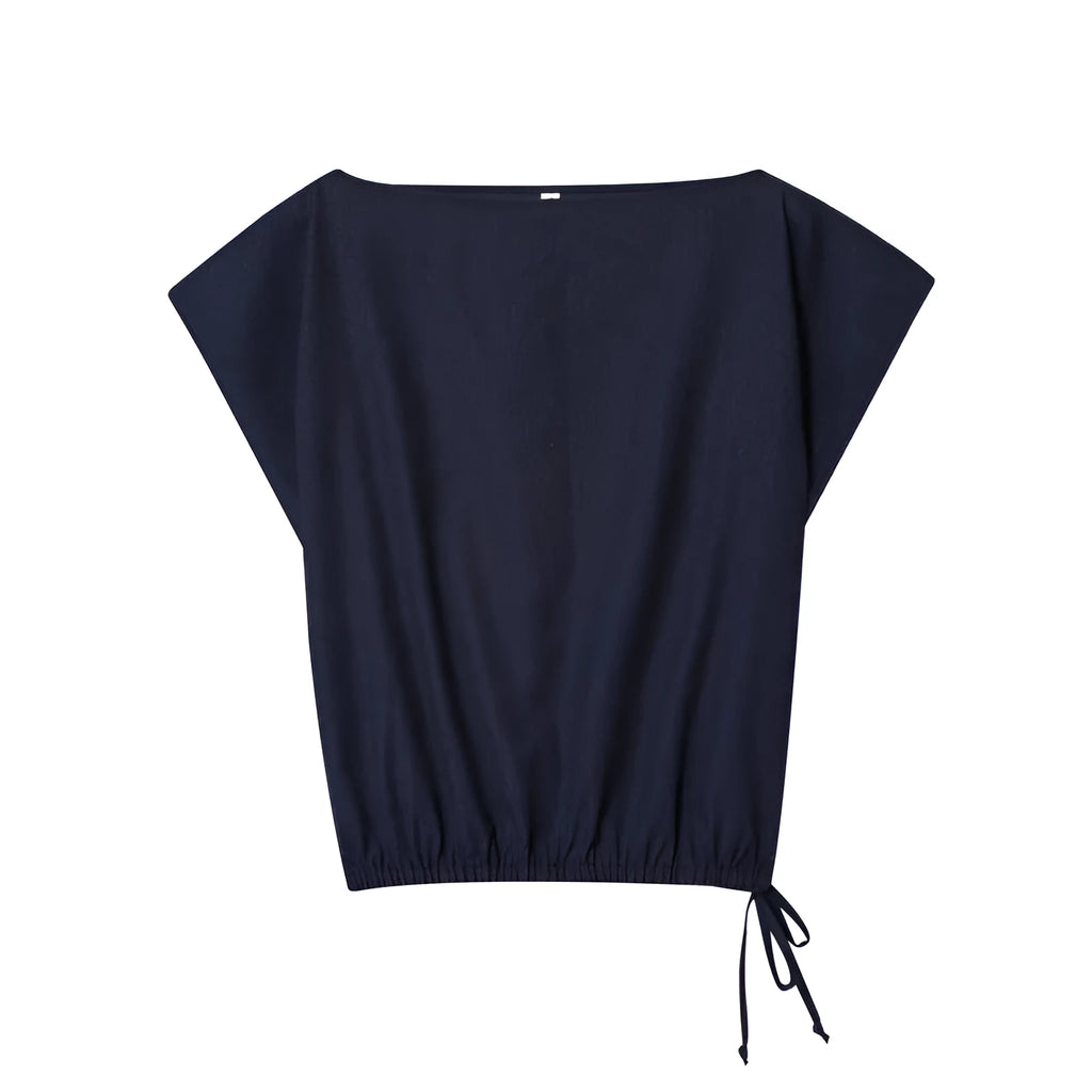 Women's linen blend two-piece set with off-neck top and wide-leg trousers in temperament commute style