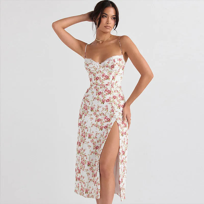 Blue lace flowers print long dress with a thigh slit and thin suspender straps.