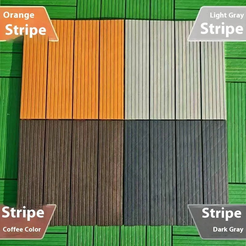Wood grain plastic floor tiles showing interlocking edges, 300x300mm size with 23mm thickness