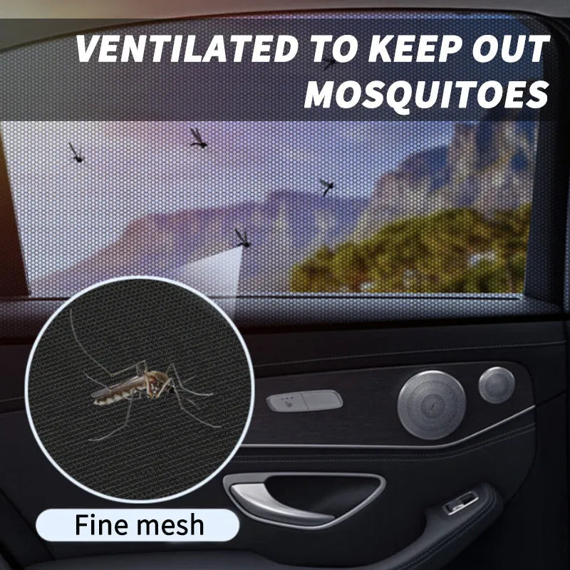 Car side window mesh sunshade installed on a car door window for sun protection and mosquito prevention