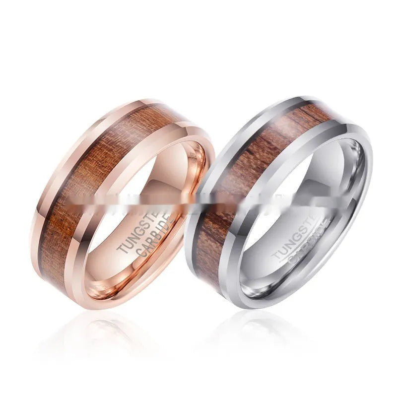 Men's 8mm wide tungsten ring with wood and leather inlay in rose gold or steel finish.