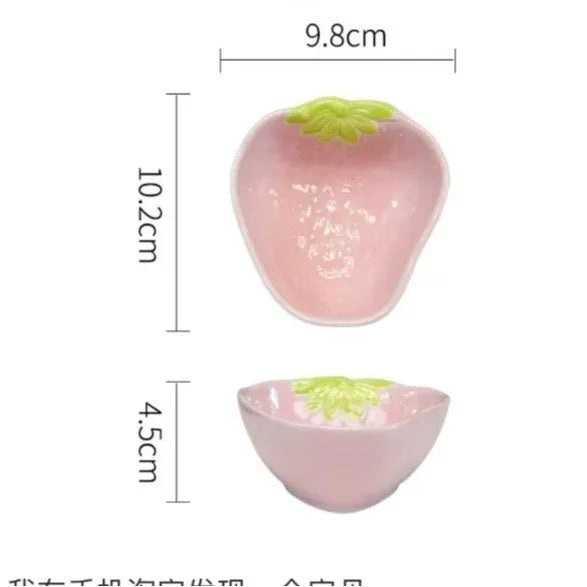 Cute strawberry pattern porcelain dinnerware set with flower bowls, plates, and twist spoon