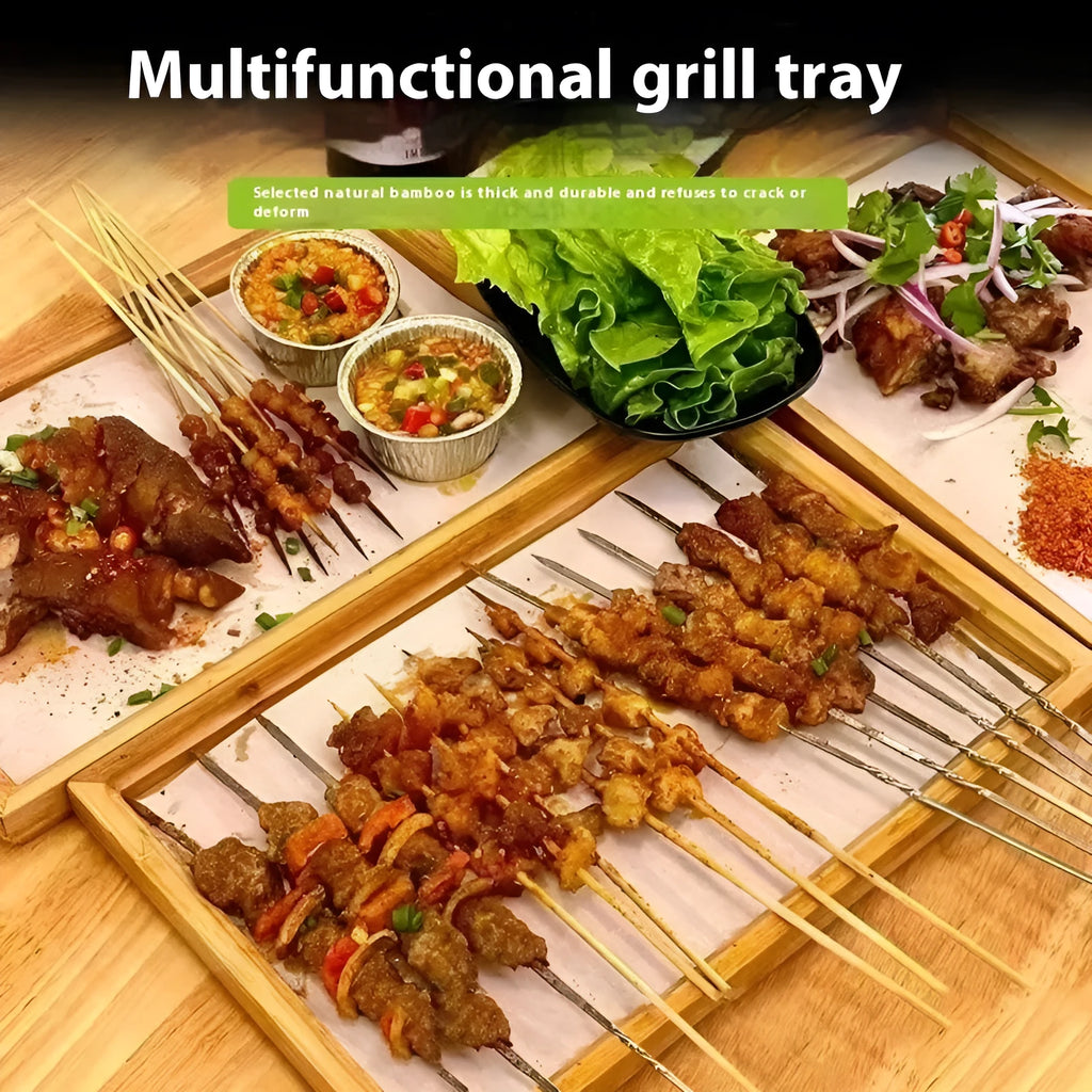 Square bamboo serving tray with brown handles in pastoral design