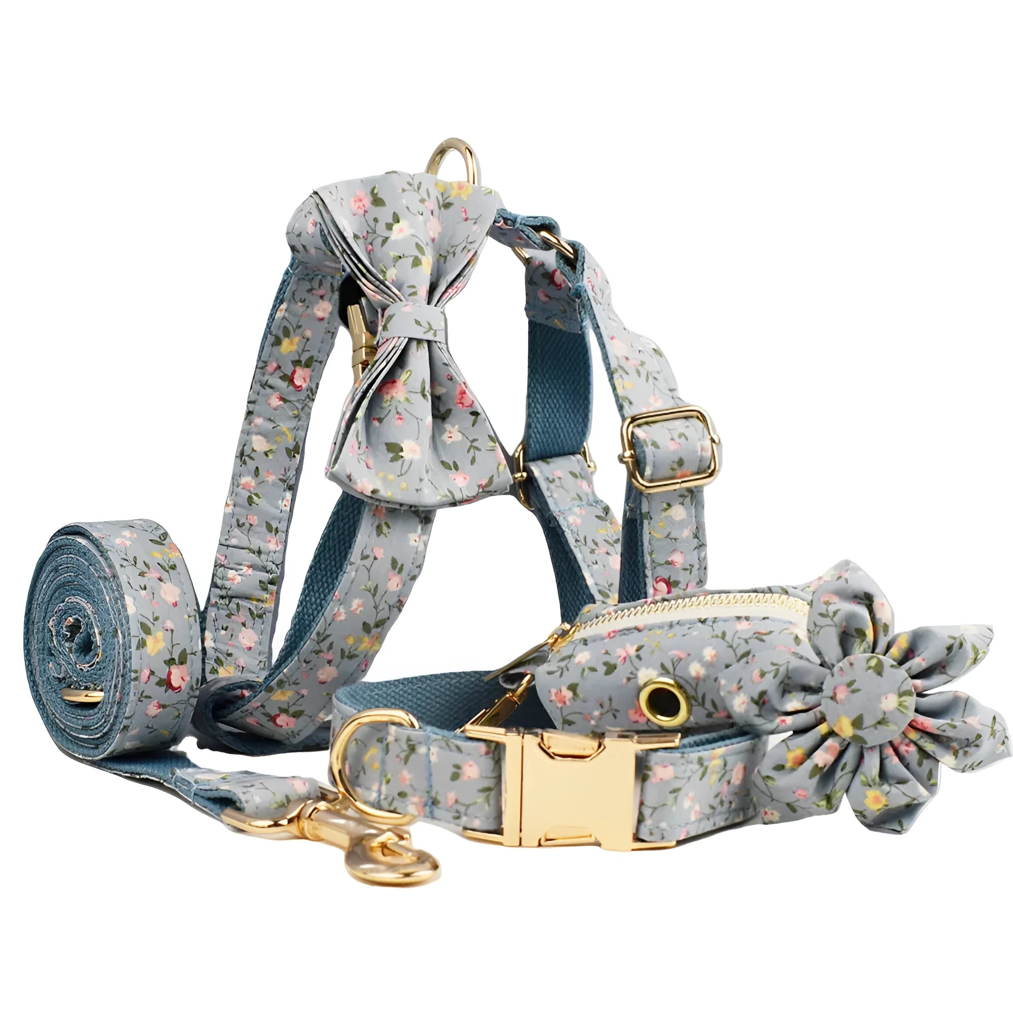 Blue floral polyester cotton dog collar set with matching leash, bow, vest, and poop bag accessories