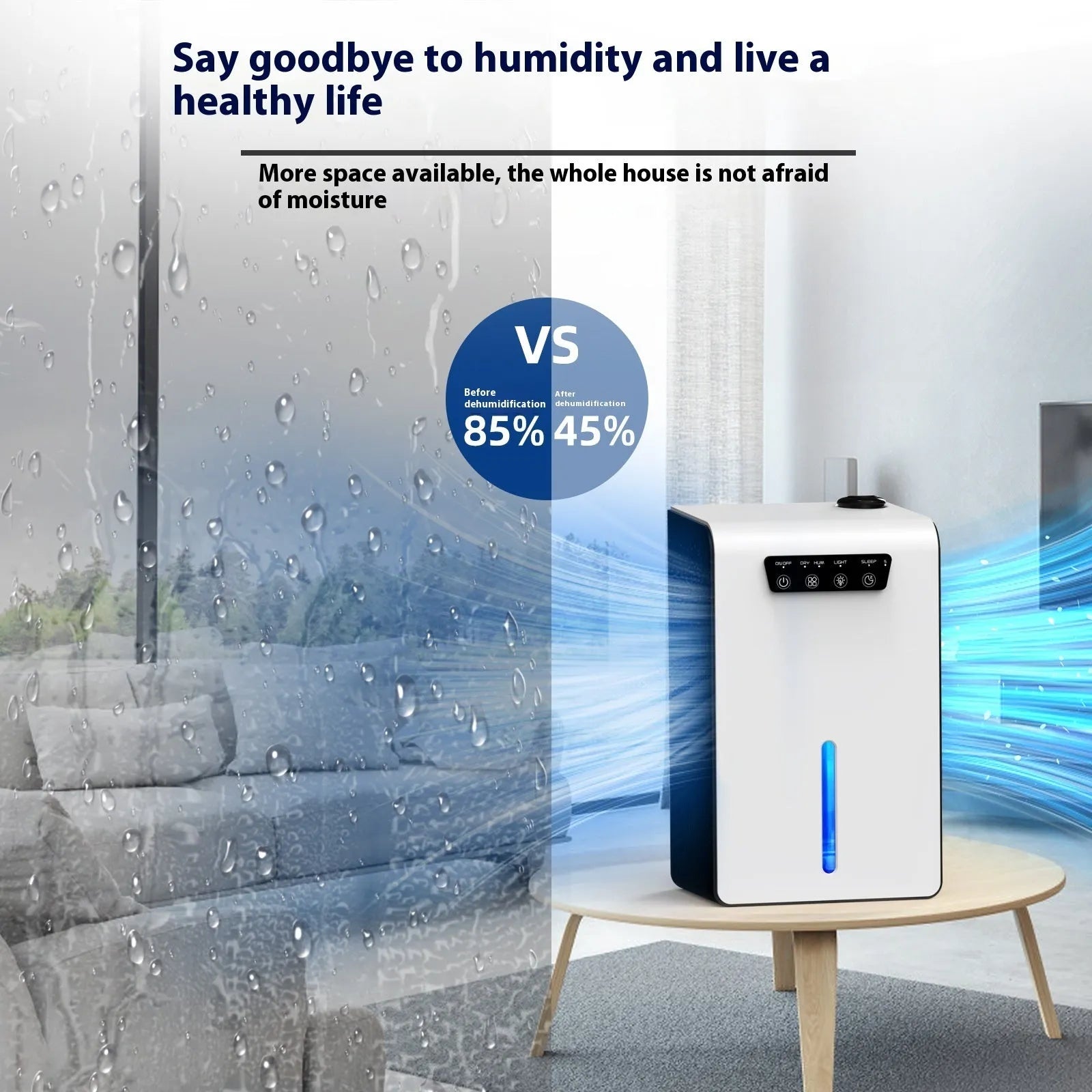 Milky white portable small dehumidifier for bedrooms with a 4-litre water reservoir.