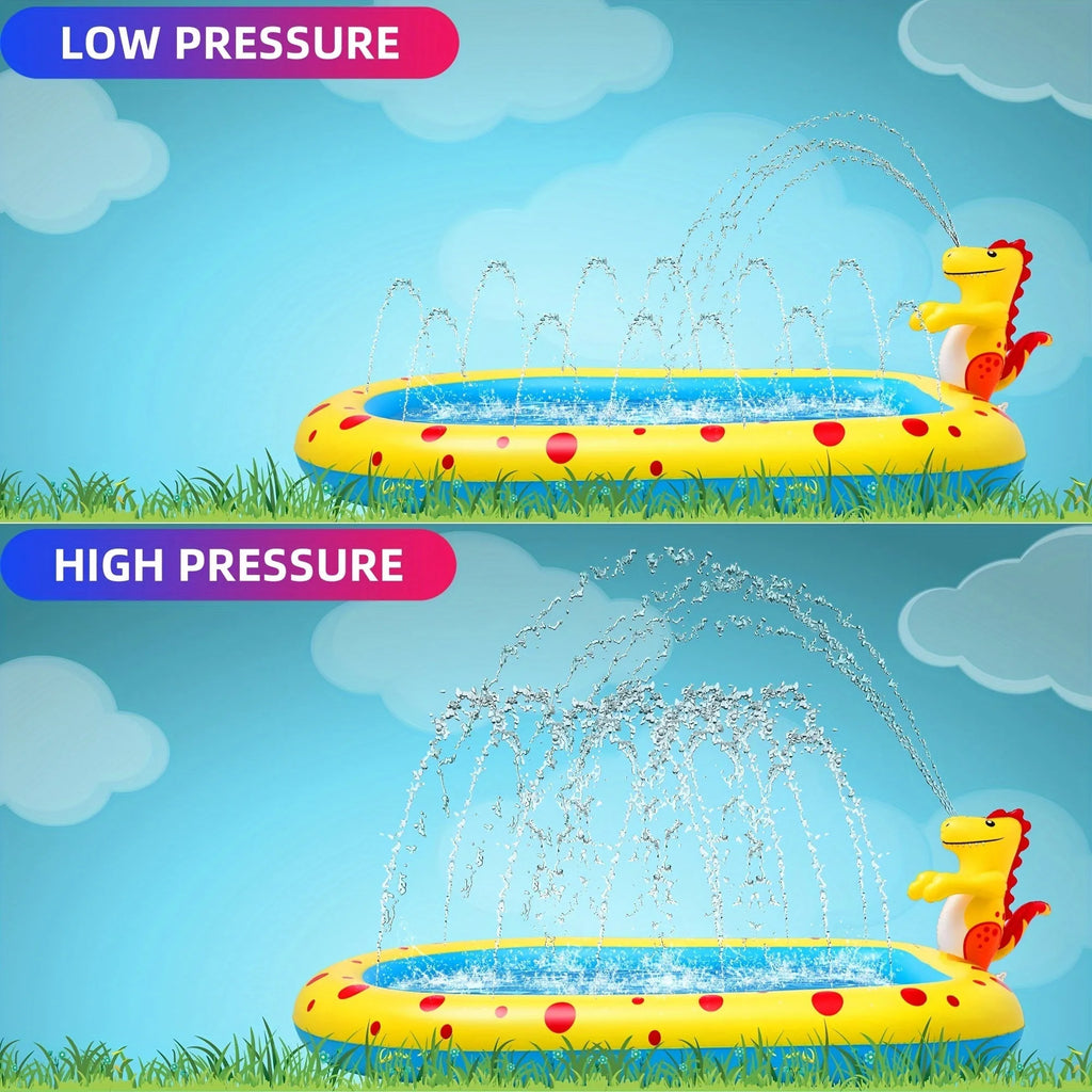 Blue dinosaur-shaped inflatable water spray pool with shark toy inside, placed on garden grass