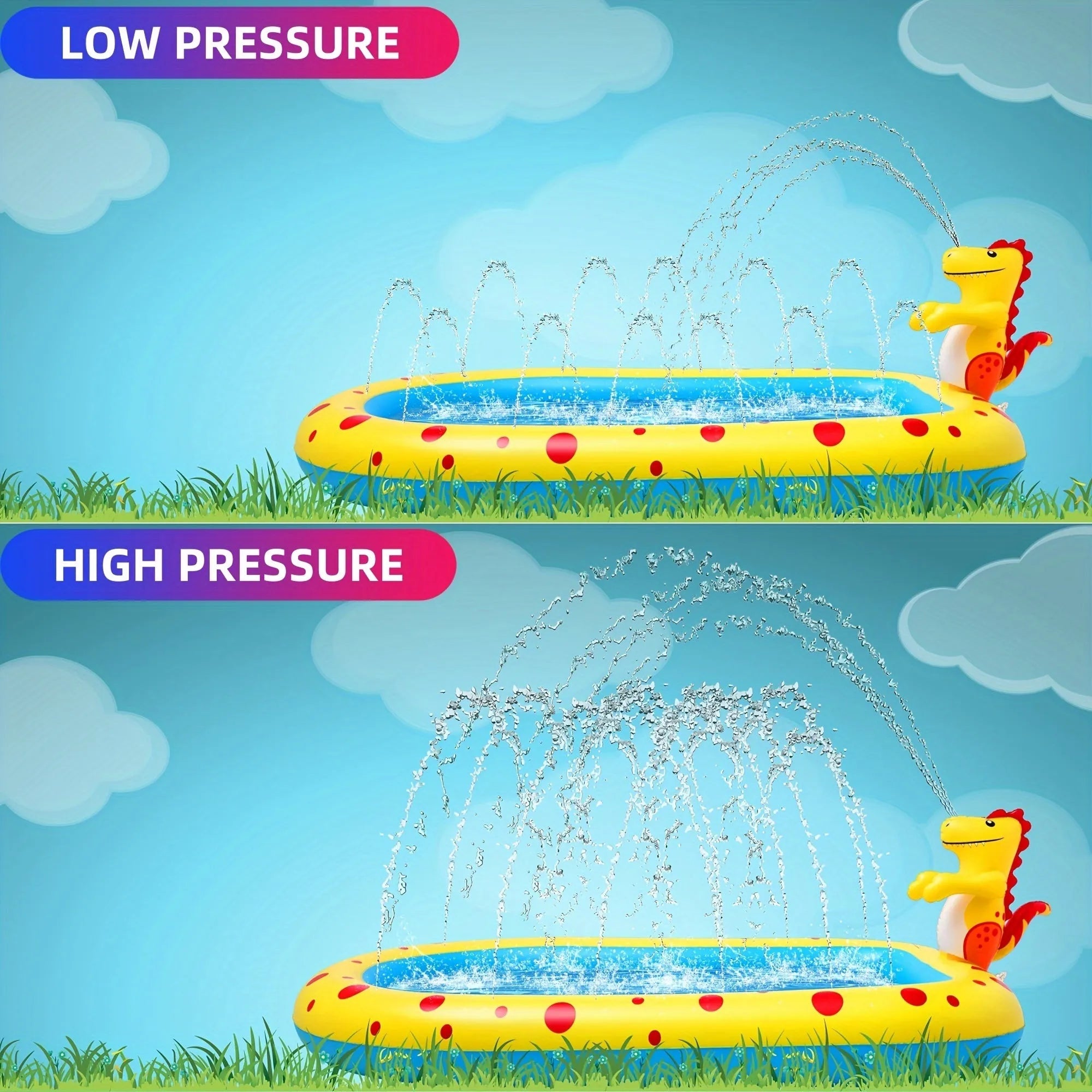 Blue dinosaur-shaped inflatable water spray pool with shark toy inside, placed on garden grass