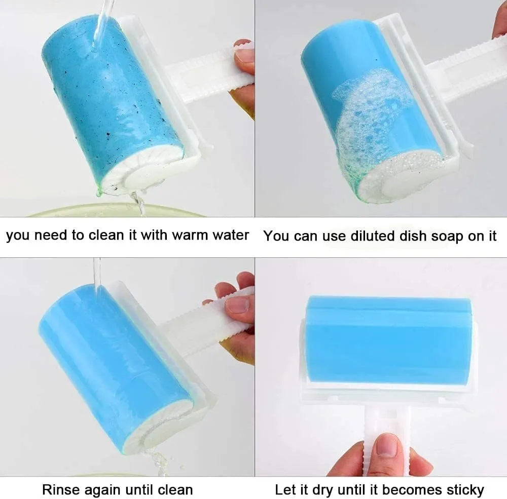 Reusable washable lint roller with protective cover for pet hair removal.