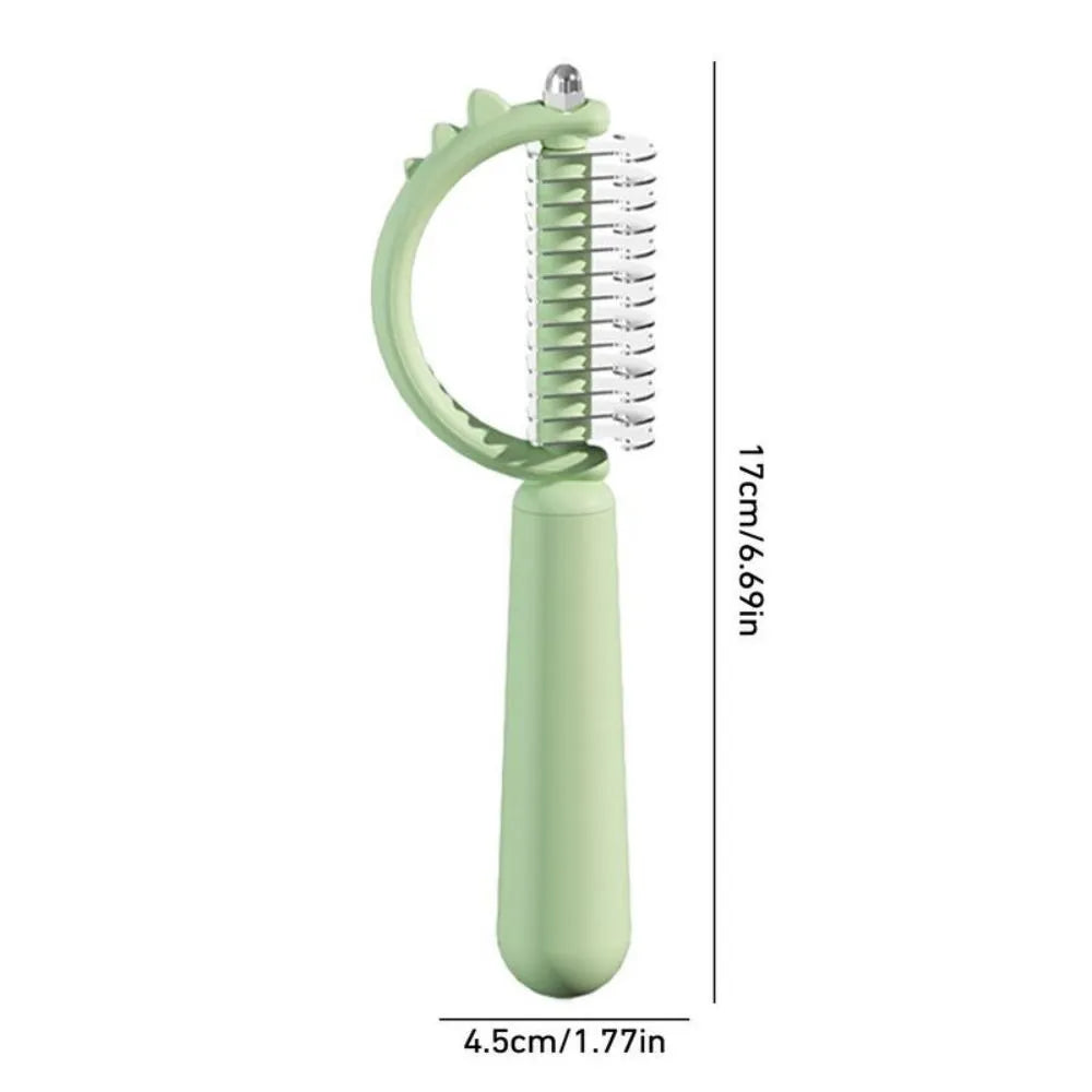 Self-cleaning slicker cat brush with dinosaur shape, double-sided for shedding and dematting, blue green white options