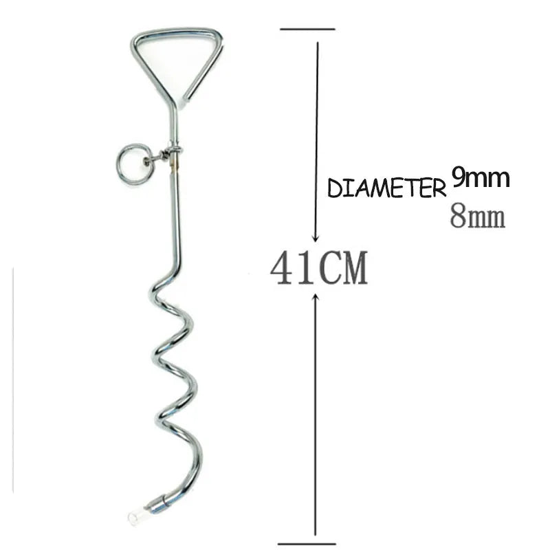 Silver spiral dog tie out stake made of solid steel for outdoor tethering in sandy soil