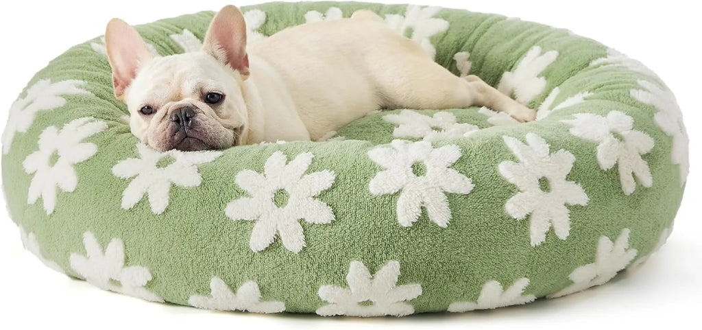 Round pet bed in sea blue white plaid with removable cover, 60x60x20 cm size for dogs and cats