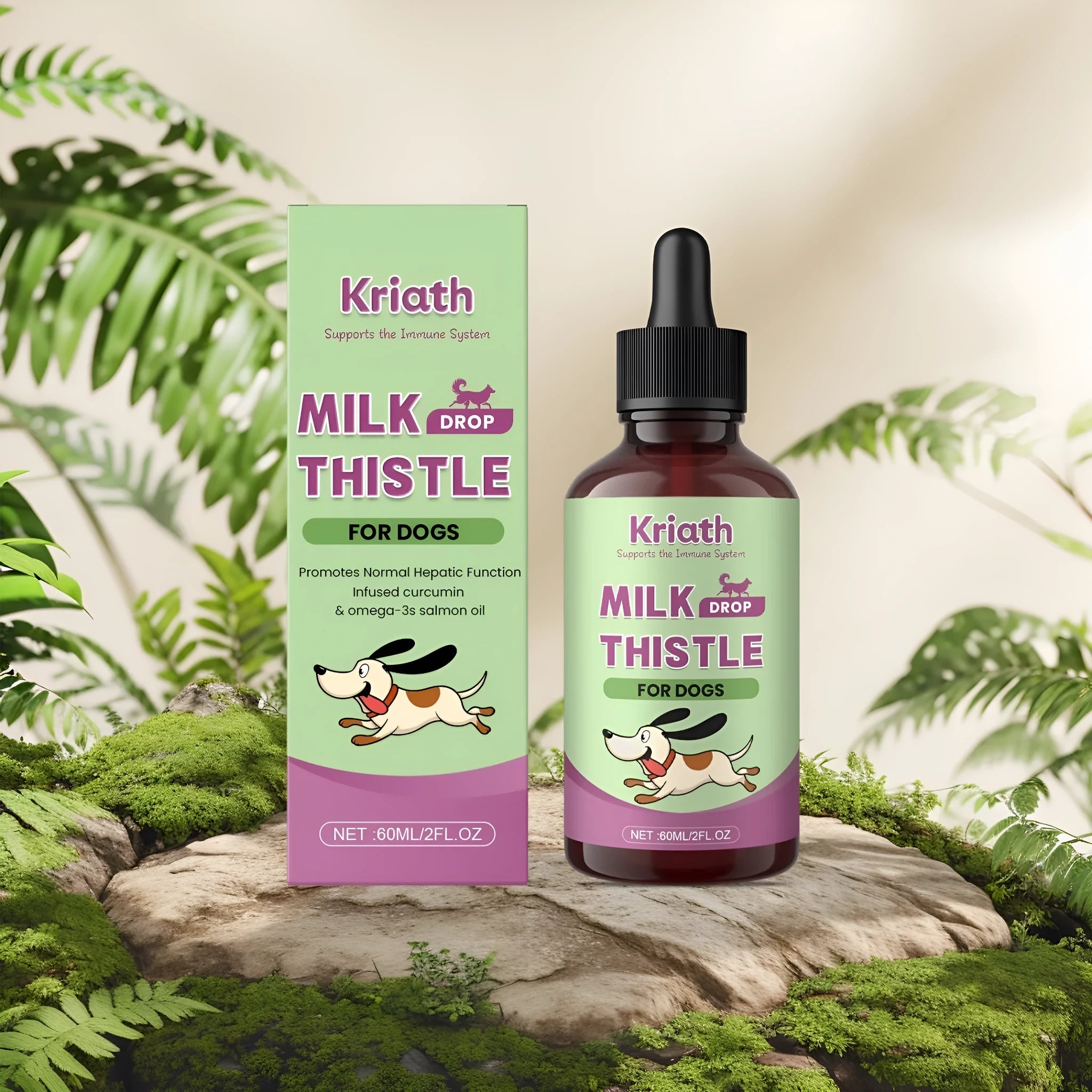 60ml bottle of dog milk thistle extract nutrient solution with dropper for pet liver and digestive health support