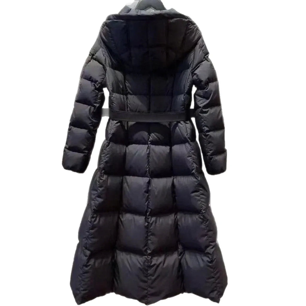 Long casual hooded black white duck down jacket for women, A-line version, medium length 65cm
