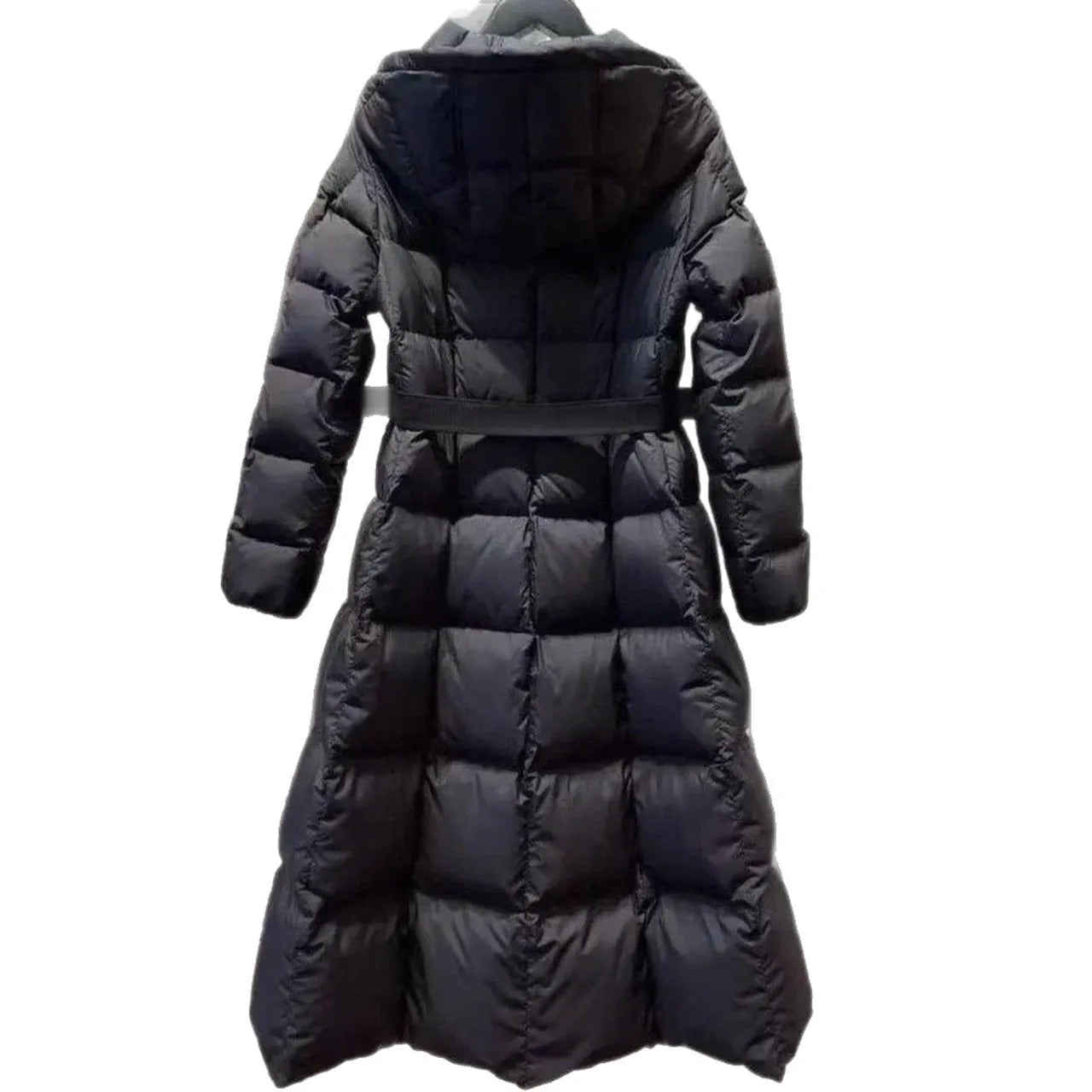 Long casual hooded black white duck down jacket for women, A-line version, medium length 65cm