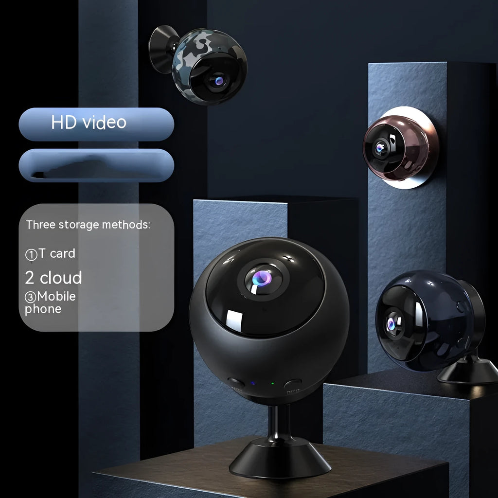 1080p wireless WiFi surveillance camera with ABS plastic housing on a white background.