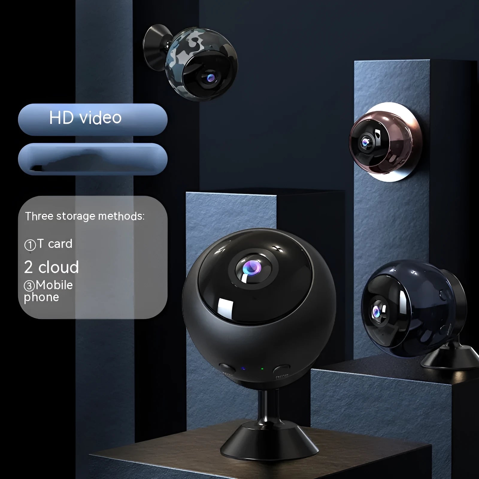 1080p wireless WiFi surveillance camera with ABS plastic housing on a white background.