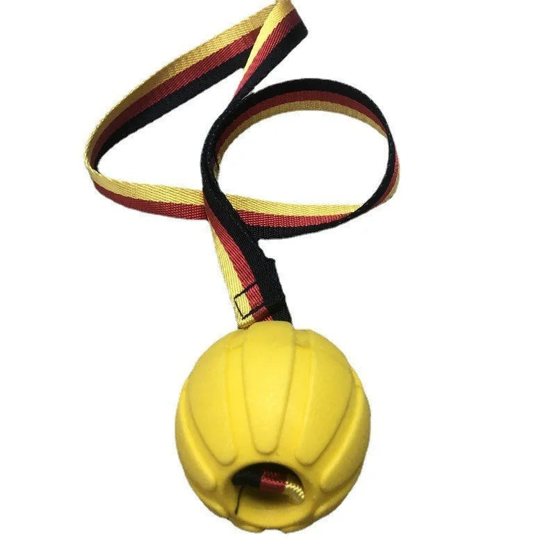 EVA floating tetherball dog toy in camouflage and yellow colours showing three diameter sizes