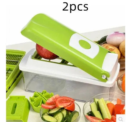 Green 12-piece multifunctional vegetable chopper set with stainless steel blades, manual handheld design, on kitchen countertop
