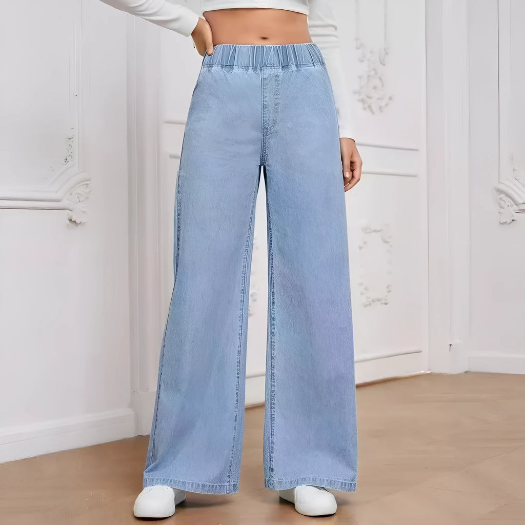 Light blue washed wide-leg jeans showing straight cut and mid waist design