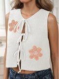 Short length lace-up bow cardigan vest in deer plush polyester fabric with floral pattern