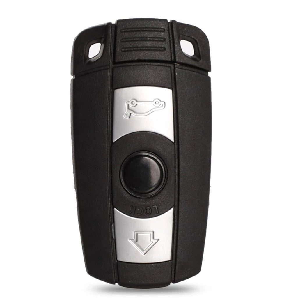 Set of three black BMW CAS3 semi-intelligent remote control car keys on a white background.